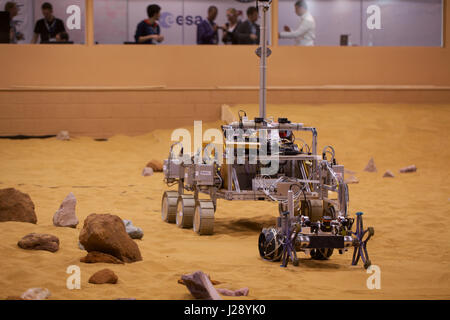 A small scout prototypes for the ESA ExoMars rover mission to Mars is tested by Airbus in a warehouse made to look like the Red Planet Stock Photo