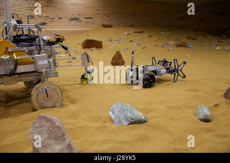 A small scout prototypes for the ESA ExoMars rover mission to Mars is tested by Airbus in a warehouse made to look like the Red Planet Stock Photo