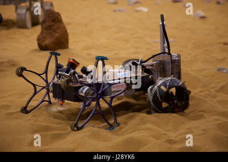 A small scout prototypes for the ESA ExoMars rover mission to Mars is tested by Airbus in a warehouse made to look like the Red Planet Stock Photo