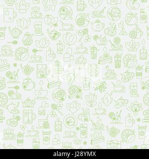 Tea seamless background with thin line icons - white tea pattern Stock Vector