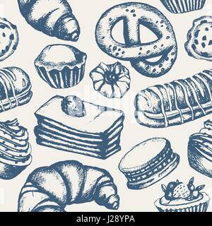 Delicious Sweets - monochromatic vector hand drawn seamless pattern. Realistic pastry, cake, macaroon, croissant, pretzel, cookie, ccupcake, muffin, e Stock Vector
