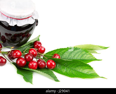Cherry jam and cherries isolated on white background Stock Photo