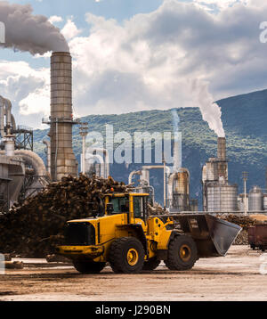 Industrial scene. Excavator ,smokestack,silos and rail wagon of lumber factory. Stock Photo