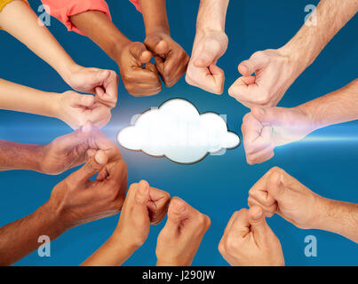 hands showing thumbs up over cloud icon Stock Photo