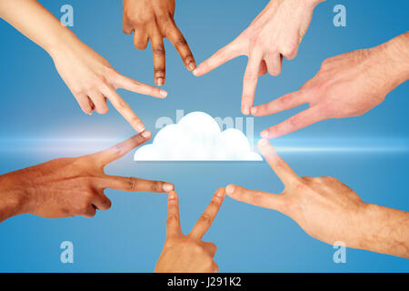 hands showing peace hand sign over cloud icon Stock Photo