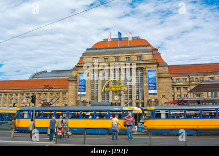 Traffic and people in front of Hauptbahnhof, main railway station, Leipzig, Saxony, Germany Stock Photo