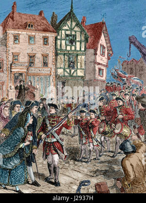 American Revolutionary War (1775-1783). Boston. Citizens hostile with the British soldiers. Engraving. 19th century. Colored.