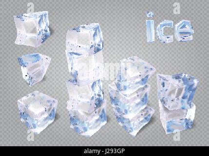 Set of transparent ice cubes and stack. 3d realistic vector mesh. Stock Vector