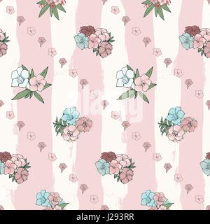 Vector seamless pattern. Diagonal rows of Exotic pink and blue flowers on striped background. Floral art. Digital or wrapping paper. Textile design Stock Vector