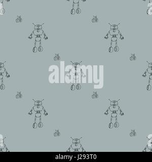 Seamless vector ounline robots doodle pattern. The concept of science and the future. Cartoon style. Hand-drawn illustration. Monochrome grey backgrou Stock Vector