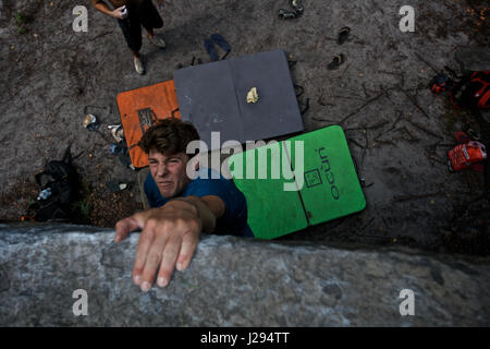 A rock climber tries to hang the top of a boulder in Fontainebleau, France, after leaping from holds below Stock Photo
