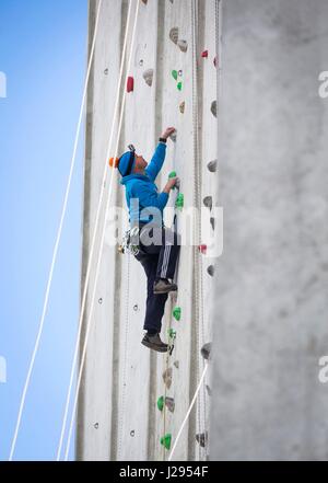 Chris Edmondson on the UK's highest man-made outdoor climbing wall ahead of opening of ROKTFACE in Yorkshire. Stock Photo
