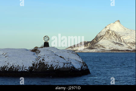 The Arctic Circle 66° 33’ north is marked by a globe on the islet of Vikingen between Nesna and Ørnes. The monument is seen on Hurtigruten voyages. Th Stock Photo