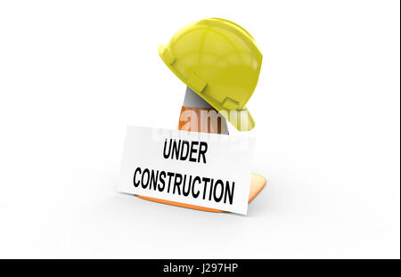 Under construction sign with helmet and traffic cone Stock Photo