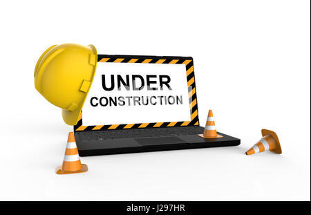 3D laptop under construction with helmet and traffic cones Stock Photo