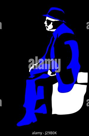vector sitting elderly man silhouette on black background Stock Vector