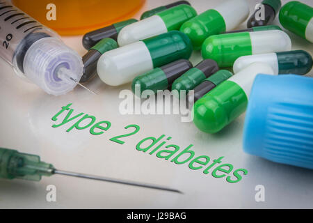 Type 2 diabetes, medicines and syringes as concept of ordinary treatment health Stock Photo