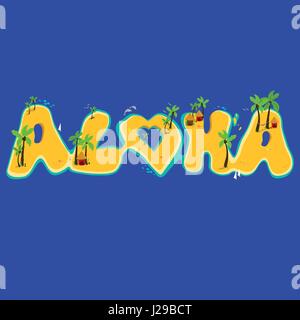 Group of islands creating the aloha word. Aloha hand lettering with exotic islands. Stock Vector