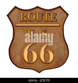 A rusted Route 66 shield with a white background. Image file has a clipping path. Stock Photo