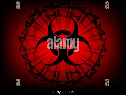 abstract vector biohazard symbol and  barbed wire on red background Stock Vector