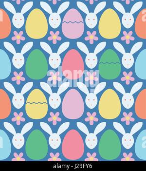 Seamless pattern with colorful Easter eggs and rabbits. Vector illustration. Stock Vector