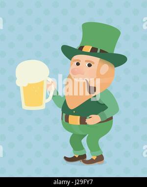 St. Patrick Day Vector illustration green leprechaun with a pint of beer Stock Vector