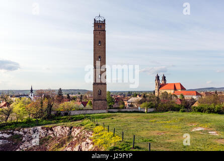 Stock Photo - 40-meter-high Jakab Fellner lookout tower at Calvary Hill, Tata(Hungary) was originally a shut-tower. Lead is heated until molten, then Stock Photo