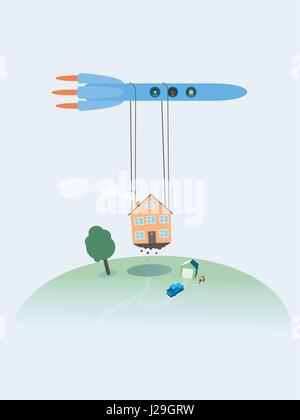 a Moving House rocket relocating refugees transportation company traveling flat isolated Stock Vector
