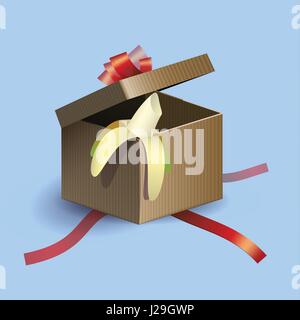 Opened gift box with red strips and banana inside. Vector illustration. New Year Stock Vector