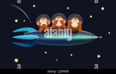 no see no speak no hear three wise monkeys on the spaceship rocket 2016 Happy New Year greeting card Stock Vector