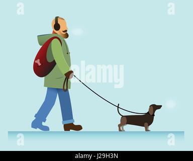 illustration bearded man walking with dachshund dog, cold weather Stock Vector