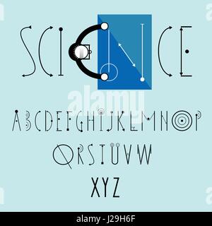 Science logo vector with decorative vector font. Top view - bald scientist in glasses reads blueprint Stock Vector