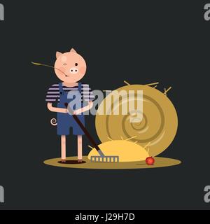 piggy farmer with a pitchfork and a sheaf of hay Stock Vector