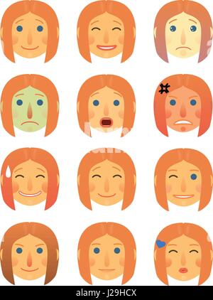 girl or woman different face emotions collection cartoon flat - Emoji emoticon icon illustration set. Face on a white background, isolated. Stock Vector