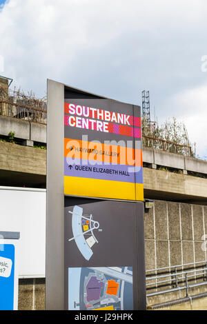 Direction sign to Hayward Gallery and Queen Elizabeth Hall at the Southbank Centre, Lambeth, London SE1, Europe's largest arts centre Stock Photo