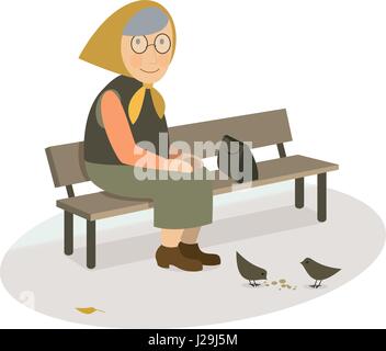 CIS grandmother elderly old woman sitting on a bench feeding pigeons with bread crumbs in the park Vector flat illustration isolated on white backgrou Stock Vector