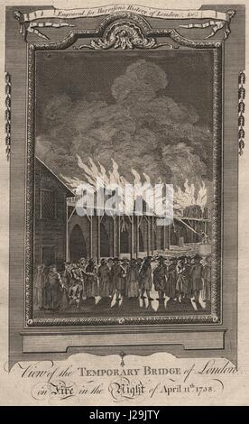 Temporary London Bridge set on fire by disgruntled ferry man 1758. HARRISON 1776 Stock Photo