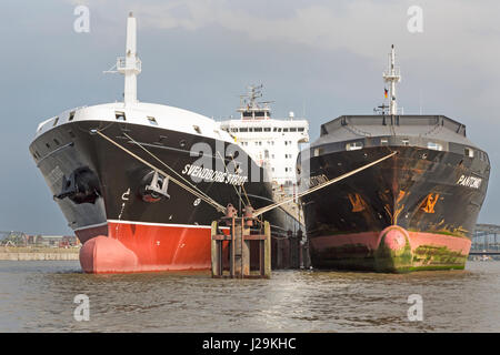 Ships at Hamburg harbor anchored in the roadstead at Norderelbe, Hamburg, Germany, Euroe Stock Photo