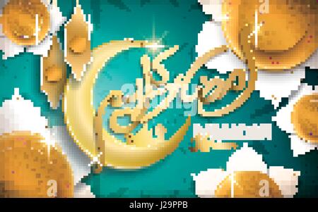 calligraphy design for Ramadan Kareem, with crescent decoration, lantern decorations and flower shaped patterns Stock Vector