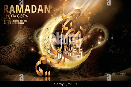 Ramadan Kareem calligraphy on a floating crescent with warm light shining, black background Stock Vector