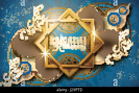 Ramadan Kareem calligraphy around two frames, with complicated Islamic pattern, blue background Stock Vector