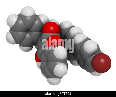 Bromadiolone rodenticide molecule (vitamin K antagonist). 3D rendering. Atoms are represented as spheres with conventional color coding: hydrogen (whi Stock Photo