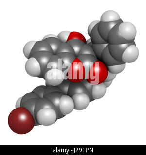 Bromadiolone rodenticide molecule (vitamin K antagonist). 3D rendering. Atoms are represented as spheres with conventional color coding: hydrogen (whi Stock Photo