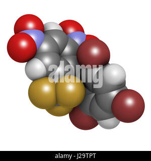Bromethalin rodenticide molecule (rat poison). 3D rendering. Atoms are represented as spheres with conventional color coding: hydrogen (white), carbon Stock Photo