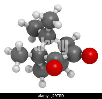 Camphorquinone visible-light photoinitiator molecule. 3D rendering. Atoms are represented as spheres with conventional color coding: hydrogen (white), Stock Photo