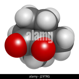 Camphorquinone visible-light photoinitiator molecule. 3D rendering. Atoms are represented as spheres with conventional color coding: hydrogen (white), Stock Photo