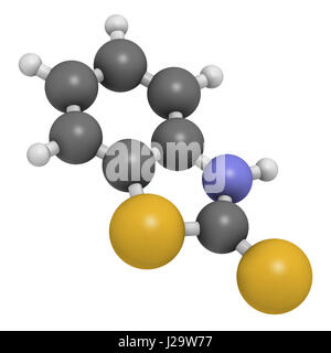 Mercaptobenzothiazole (MBT) skin sensitizer molecule. Used as rubber vulcanising agent. 3D rendering. Atoms are represented as spheres with convention Stock Photo