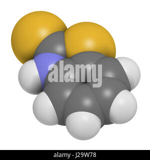 Mercaptobenzothiazole (MBT) skin sensitizer molecule. Used as rubber vulcanising agent. 3D rendering. Atoms are represented as spheres with convention Stock Photo