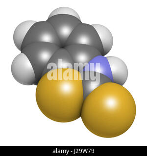 Mercaptobenzothiazole (MBT) skin sensitizer molecule. Used as rubber vulcanising agent. 3D rendering. Atoms are represented as spheres with convention Stock Photo