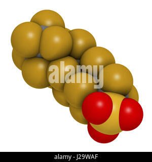 Perfluorooctanesulfonic acid (perfluorooctane sulfonate, PFOS) persistent organic pollutant molecule. 3D rendering. Atoms are represented as spheres w Stock Photo